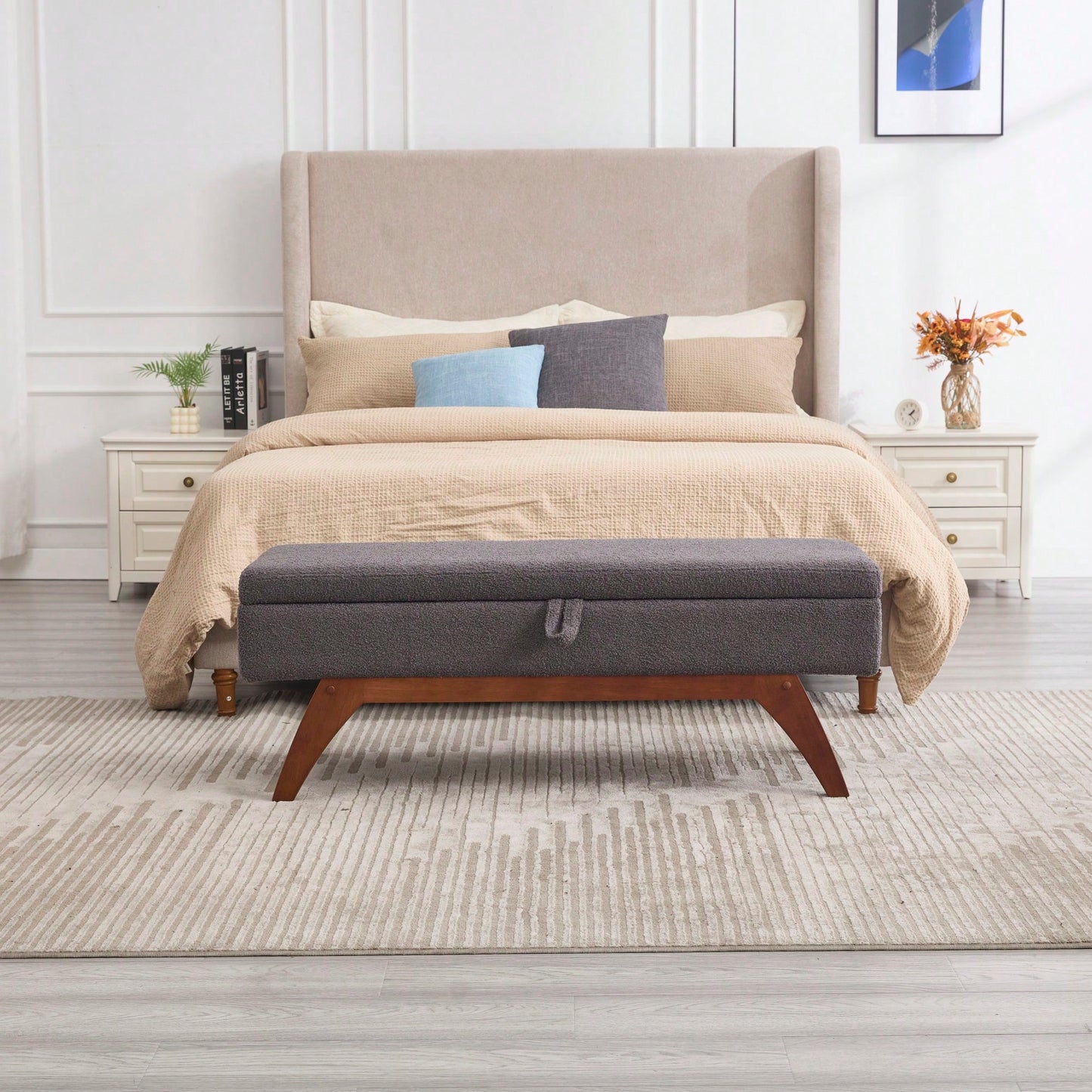 Teddy Wool Upholstered Bed End Stool With Storage And Solid Wood Legs