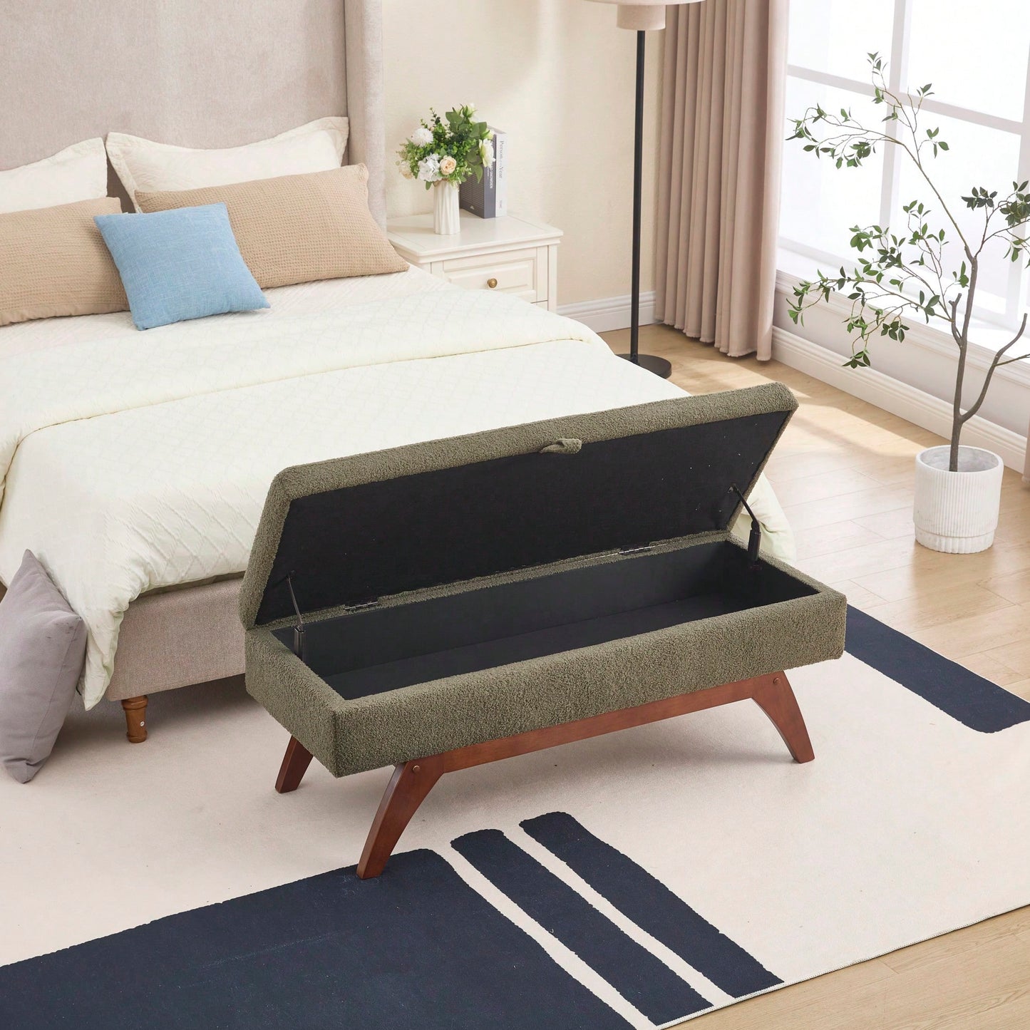 Teddy Wool Upholstered Bed End Stool With Storage And Solid Wood Legs