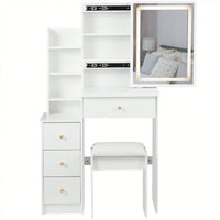 Compact Vanity Table With Cushioned Stool And Touch Control LED Mirror Tri-Color Brightness Adjustable Ideal For Small Spaces