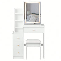 Compact Vanity Table With Cushioned Stool And Touch Control LED Mirror Tri-Color Brightness Adjustable Ideal For Small Spaces