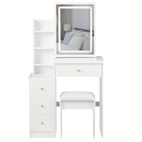 Compact Vanity Table With Cushioned Stool And Touch Control LED Mirror Tri-Color Brightness Adjustable Ideal For Small Spaces