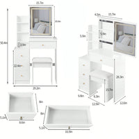 Compact Vanity Table With Cushioned Stool And Touch Control LED Mirror Tri-Color Brightness Adjustable Ideal For Small Spaces