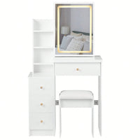 Compact Vanity Table With Cushioned Stool And Touch Control LED Mirror Tri-Color Brightness Adjustable Ideal For Small Spaces