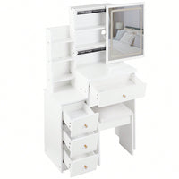 Compact Vanity Table With Cushioned Stool And Touch Control LED Mirror Tri-Color Brightness Adjustable Ideal For Small Spaces