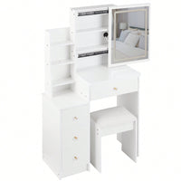 Compact Vanity Table With Cushioned Stool And Touch Control LED Mirror Tri-Color Brightness Adjustable Ideal For Small Spaces