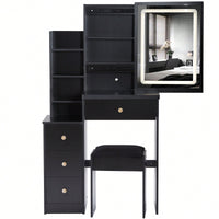 Compact Vanity Table With Cushioned Stool And Touch Control LED Mirror Tri-Color Brightness Adjustable Ideal For Small Spaces