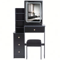 Compact Vanity Table With Cushioned Stool And Touch Control LED Mirror Tri-Color Brightness Adjustable Ideal For Small Spaces