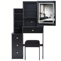 Compact Vanity Table With Cushioned Stool And Touch Control LED Mirror Tri-Color Brightness Adjustable Ideal For Small Spaces