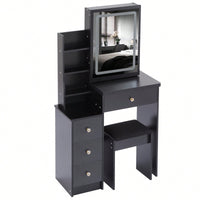 Compact Vanity Table With Cushioned Stool And Touch Control LED Mirror Tri-Color Brightness Adjustable Ideal For Small Spaces