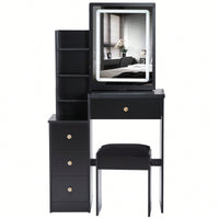 Compact Vanity Table With Cushioned Stool And Touch Control LED Mirror Tri-Color Brightness Adjustable Ideal For Small Spaces