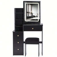 Compact Vanity Table With Cushioned Stool And Touch Control LED Mirror Tri-Color Brightness Adjustable Ideal For Small Spaces