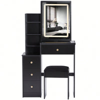 Compact Vanity Table With Cushioned Stool And Touch Control LED Mirror Tri-Color Brightness Adjustable Ideal For Small Spaces