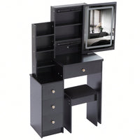 Compact Vanity Table With Cushioned Stool And Touch Control LED Mirror Tri-Color Brightness Adjustable Ideal For Small Spaces