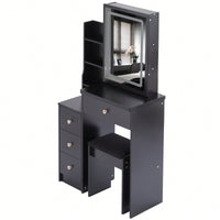 Compact Vanity Table With Cushioned Stool And Touch Control LED Mirror Tri-Color Brightness Adjustable Ideal For Small Spaces