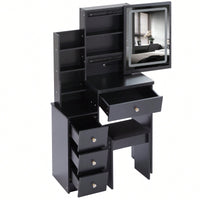 Compact Vanity Table With Cushioned Stool And Touch Control LED Mirror Tri-Color Brightness Adjustable Ideal For Small Spaces