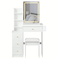 Compact Vanity Table with Cushioned Stool 2 AC Outlets 2 USB Ports Hair Dryer Holder Large Touch Control LED Mirror Tri-Color Options Safe