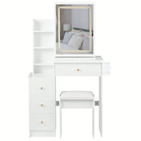 Compact Vanity Table with Cushioned Stool 2 AC Outlets 2 USB Ports Hair Dryer Holder Large Touch Control LED Mirror Tri-Color Options Safe