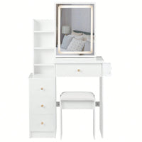 Compact Vanity Table with Cushioned Stool 2 AC Outlets 2 USB Ports Hair Dryer Holder Large Touch Control LED Mirror Tri-Color Options Safe