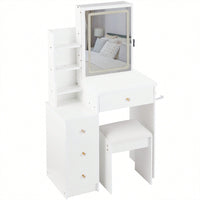 Compact Vanity Table with Cushioned Stool 2 AC Outlets 2 USB Ports Hair Dryer Holder Large Touch Control LED Mirror Tri-Color Options Safe