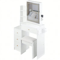 Compact Vanity Table with Cushioned Stool 2 AC Outlets 2 USB Ports Hair Dryer Holder Large Touch Control LED Mirror Tri-Color Options Safe