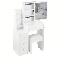 Compact Vanity Table with Cushioned Stool 2 AC Outlets 2 USB Ports Hair Dryer Holder Large Touch Control LED Mirror Tri-Color Options Safe