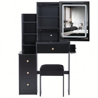 Compact Vanity Table with Cushioned Stool 2 AC Outlets 2 USB Ports Hair Dryer Holder Large Touch Control LED Mirror Tri-Color Options Safe