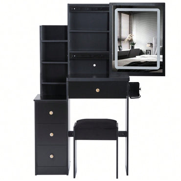 Compact Vanity Table with Cushioned Stool 2 AC Outlets 2 USB Ports Hair Dryer Holder Large Touch Control LED Mirror Tri-Color Options Safe