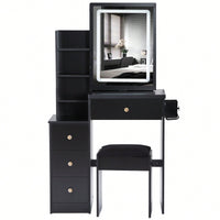 Compact Vanity Table with Cushioned Stool 2 AC Outlets 2 USB Ports Hair Dryer Holder Large Touch Control LED Mirror Tri-Color Options Safe