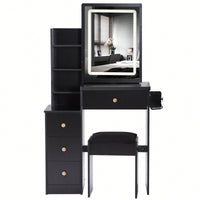 Compact Vanity Table with Cushioned Stool 2 AC Outlets 2 USB Ports Hair Dryer Holder Large Touch Control LED Mirror Tri-Color Options Safe