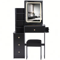 Compact Vanity Table with Cushioned Stool 2 AC Outlets 2 USB Ports Hair Dryer Holder Large Touch Control LED Mirror Tri-Color Options Safe