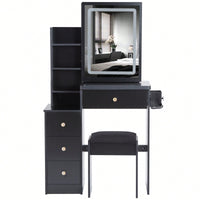 Compact Vanity Table with Cushioned Stool 2 AC Outlets 2 USB Ports Hair Dryer Holder Large Touch Control LED Mirror Tri-Color Options Safe