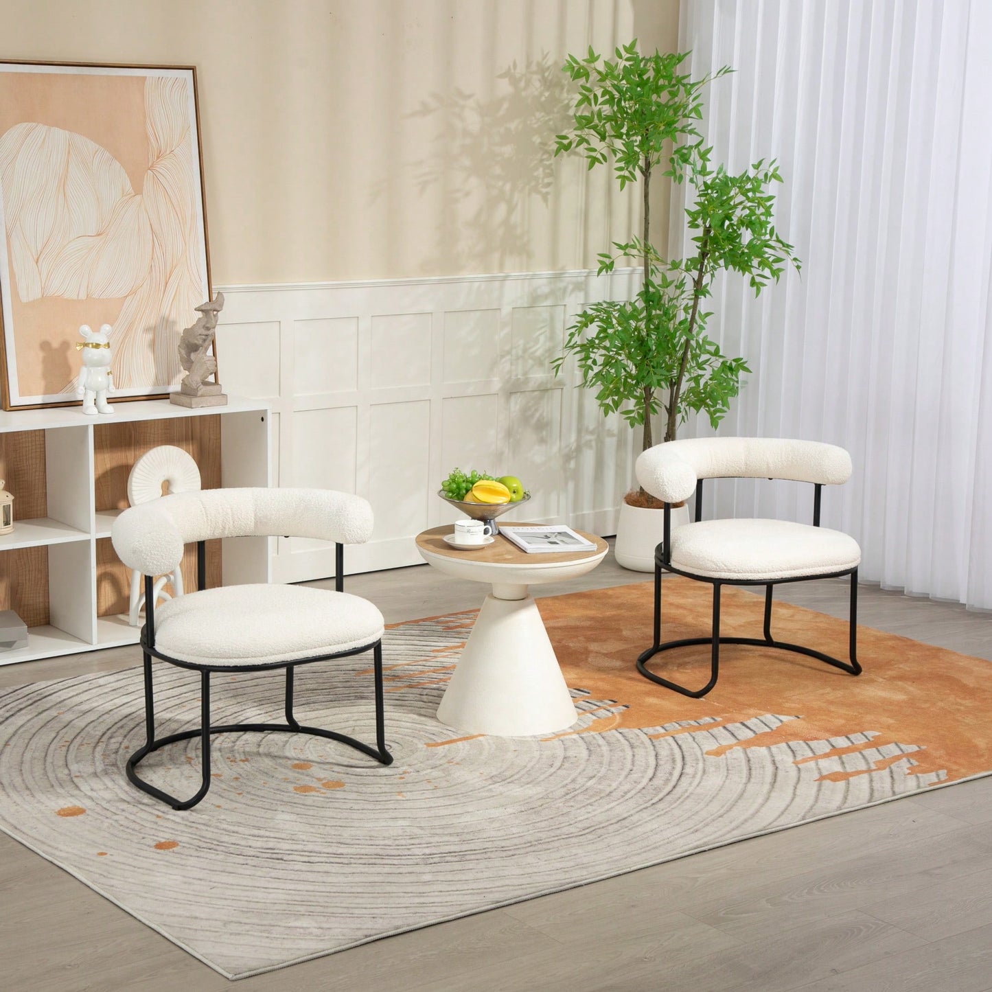 Mid-Century Modern Curved Backrest Boucle Dining Chairs Set Of 2 Upholstered Round Kitchen Chairs In Beige