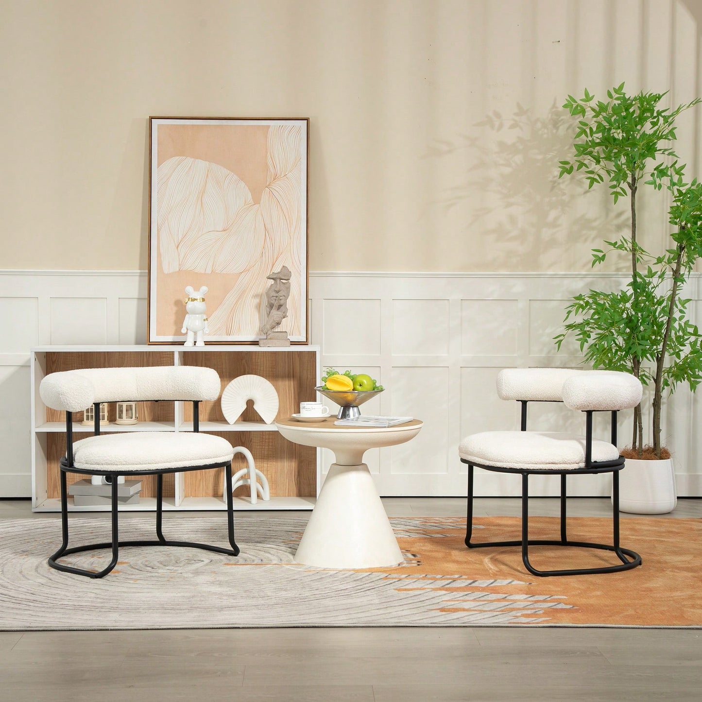 Mid-Century Modern Curved Backrest Boucle Dining Chairs Set Of 2 Upholstered Round Kitchen Chairs In Beige
