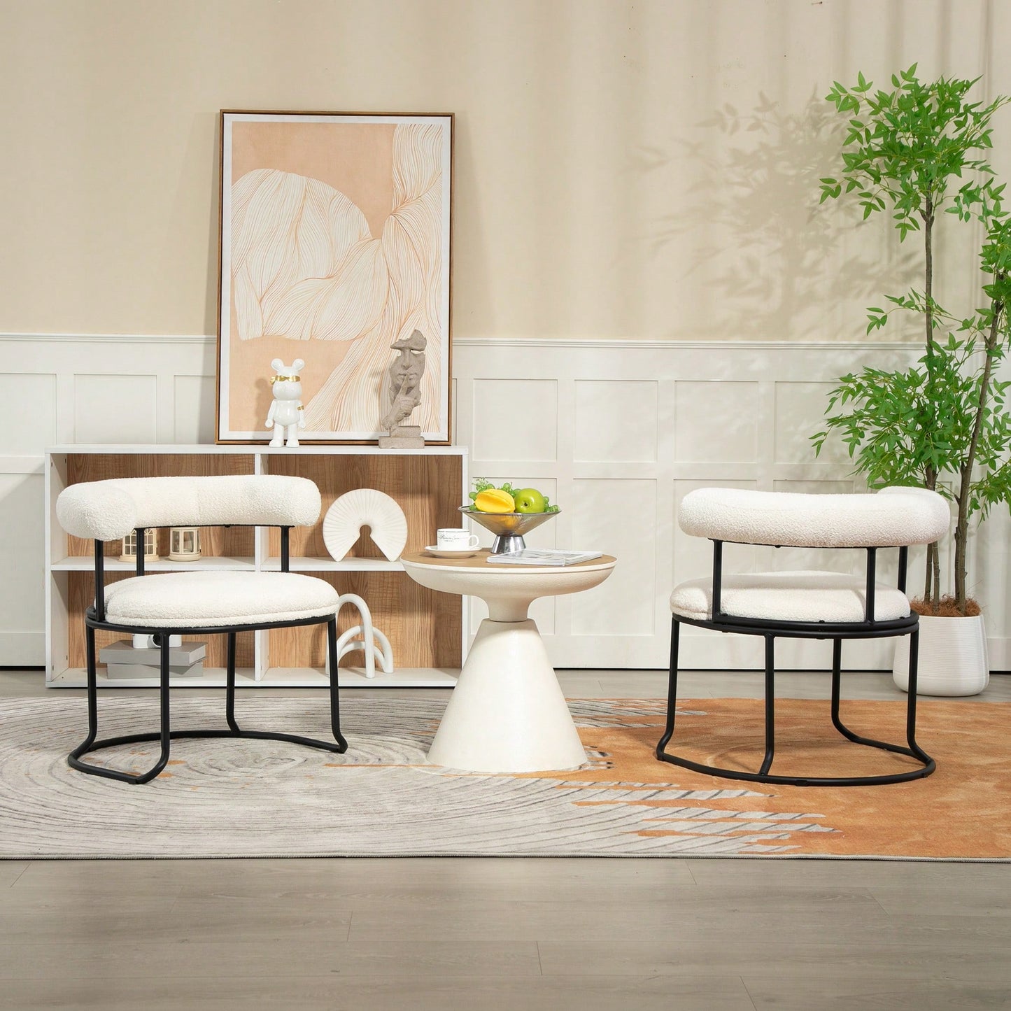 Mid-Century Modern Curved Backrest Boucle Dining Chairs Set Of 2 Upholstered Round Kitchen Chairs In Beige