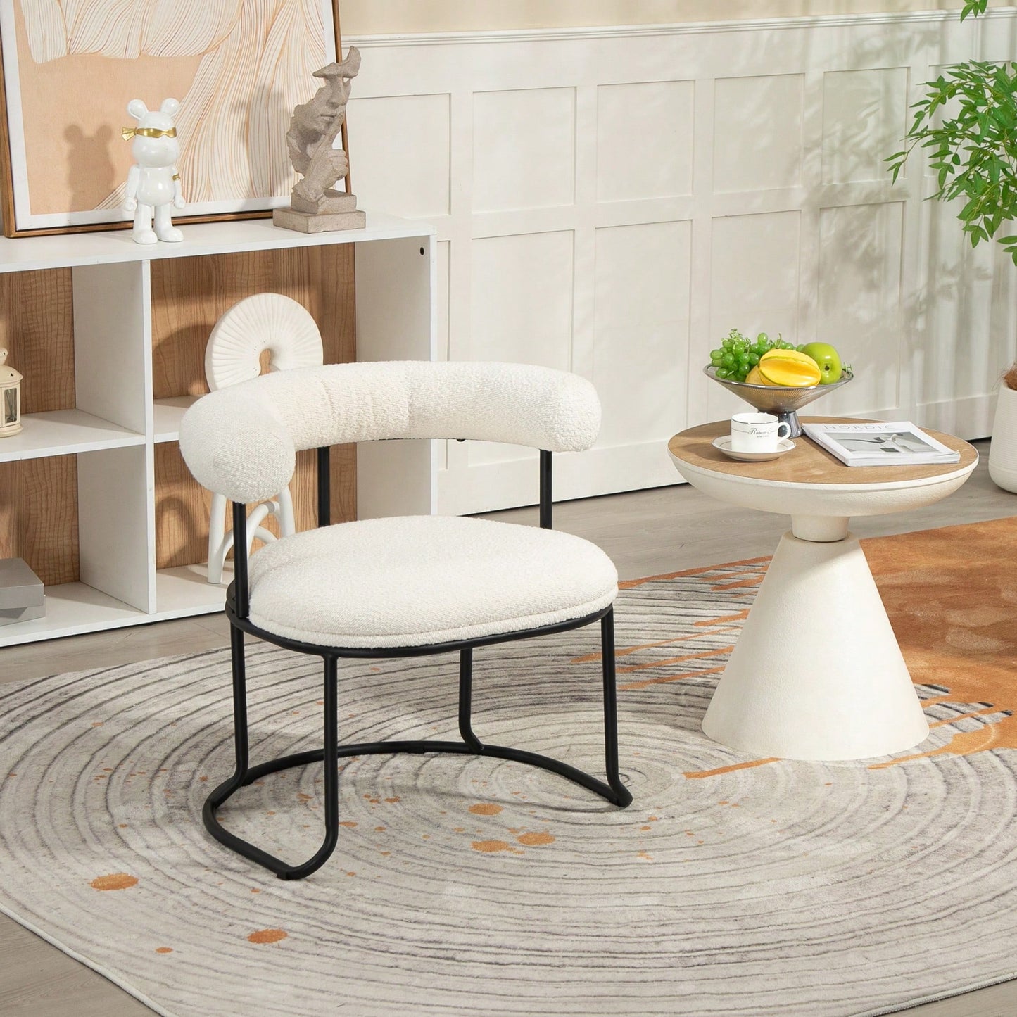 Mid-Century Modern Curved Backrest Boucle Dining Chairs Set Of 2 Upholstered Round Kitchen Chairs In Beige