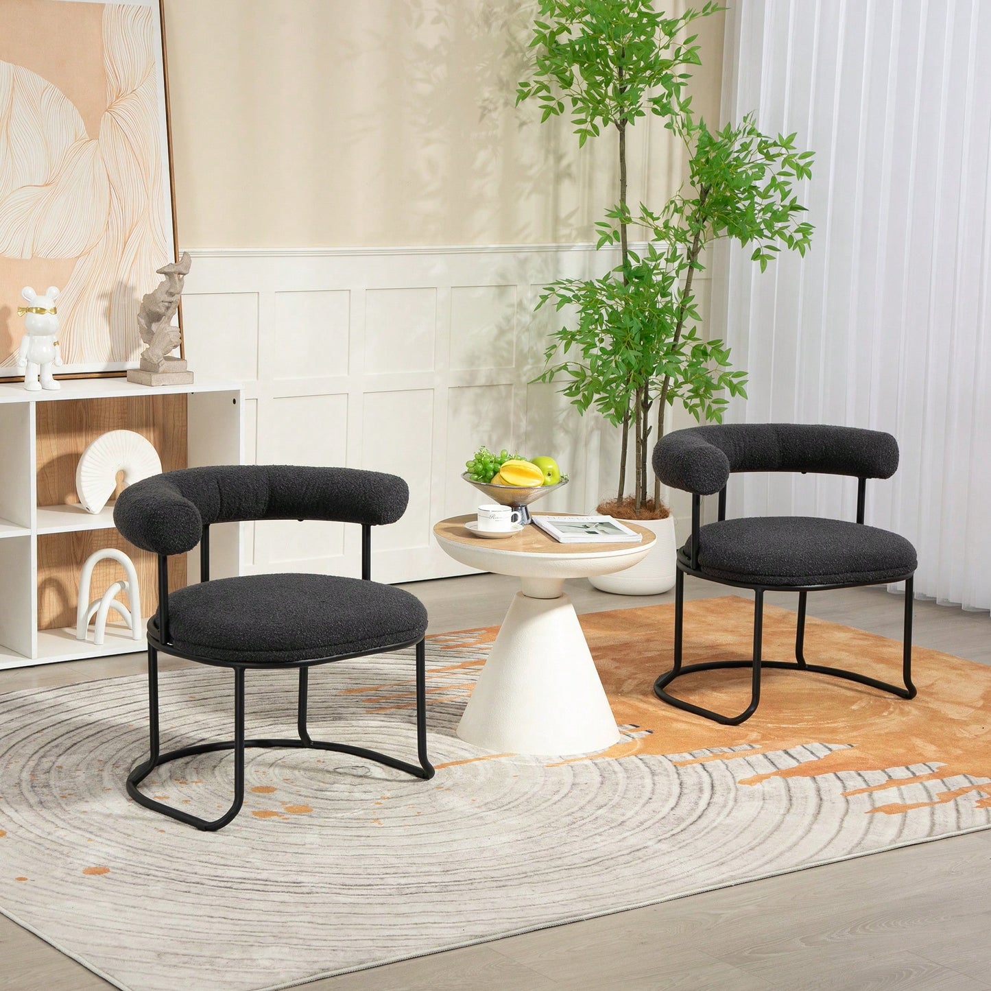 Mid-Century Modern Curved Backrest Boucle Dining Chairs Set Of 2 Upholstered Round Kitchen Chairs In Beige