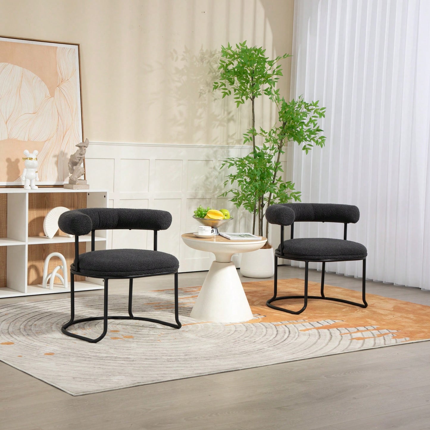 Mid-Century Modern Curved Backrest Boucle Dining Chairs Set Of 2 Upholstered Round Kitchen Chairs In Beige