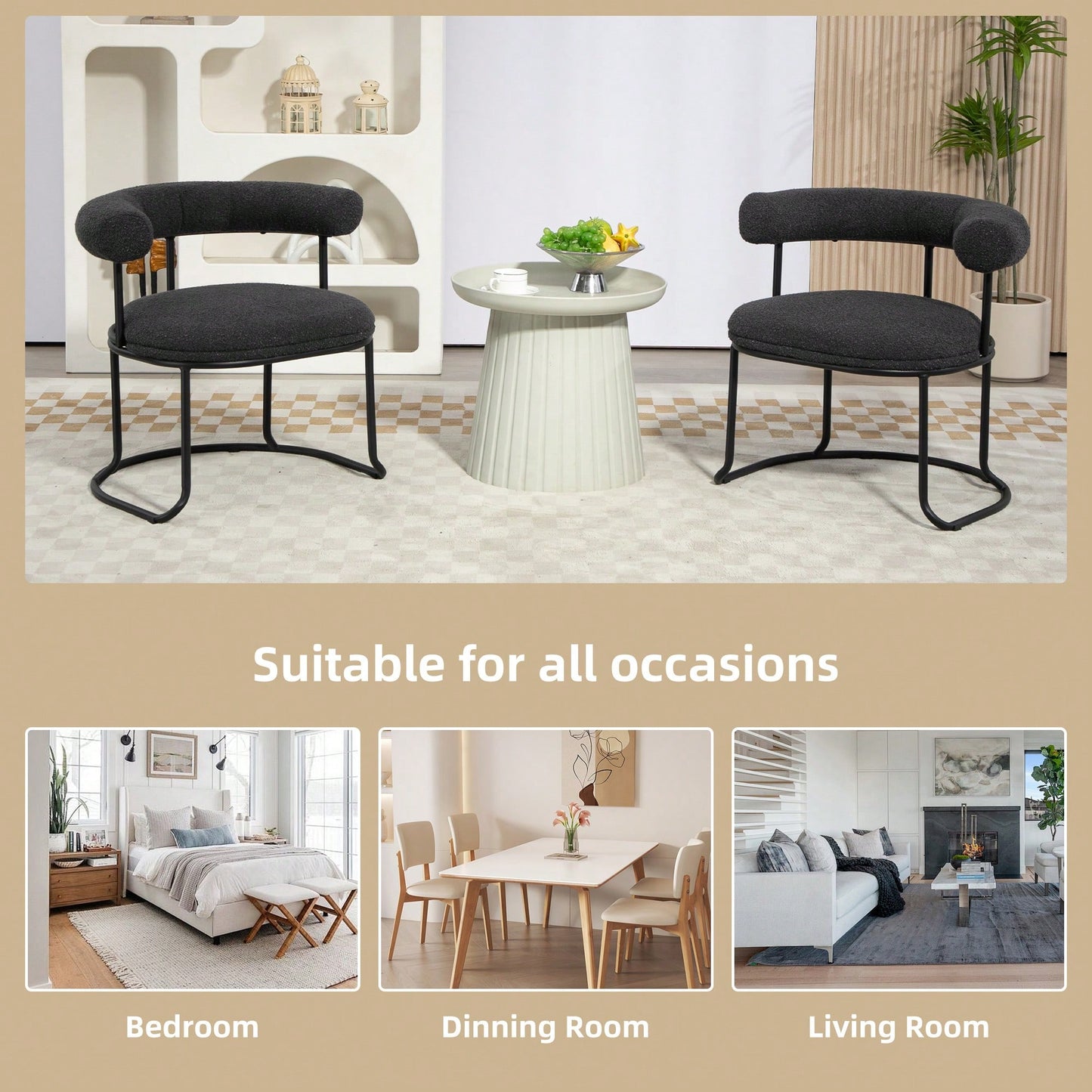 Mid-Century Modern Curved Backrest Boucle Dining Chairs Set Of 2 Upholstered Round Kitchen Chairs In Beige