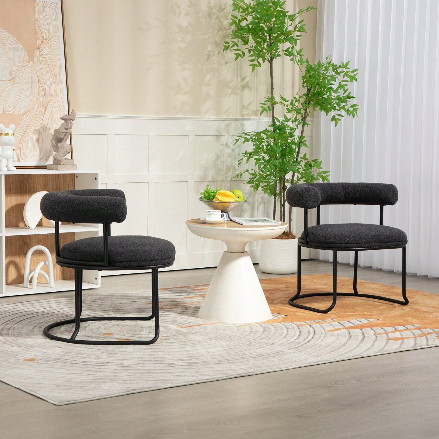 Mid-Century Modern Curved Backrest Boucle Dining Chairs Set Of 2 Upholstered Round Kitchen Chairs In Beige