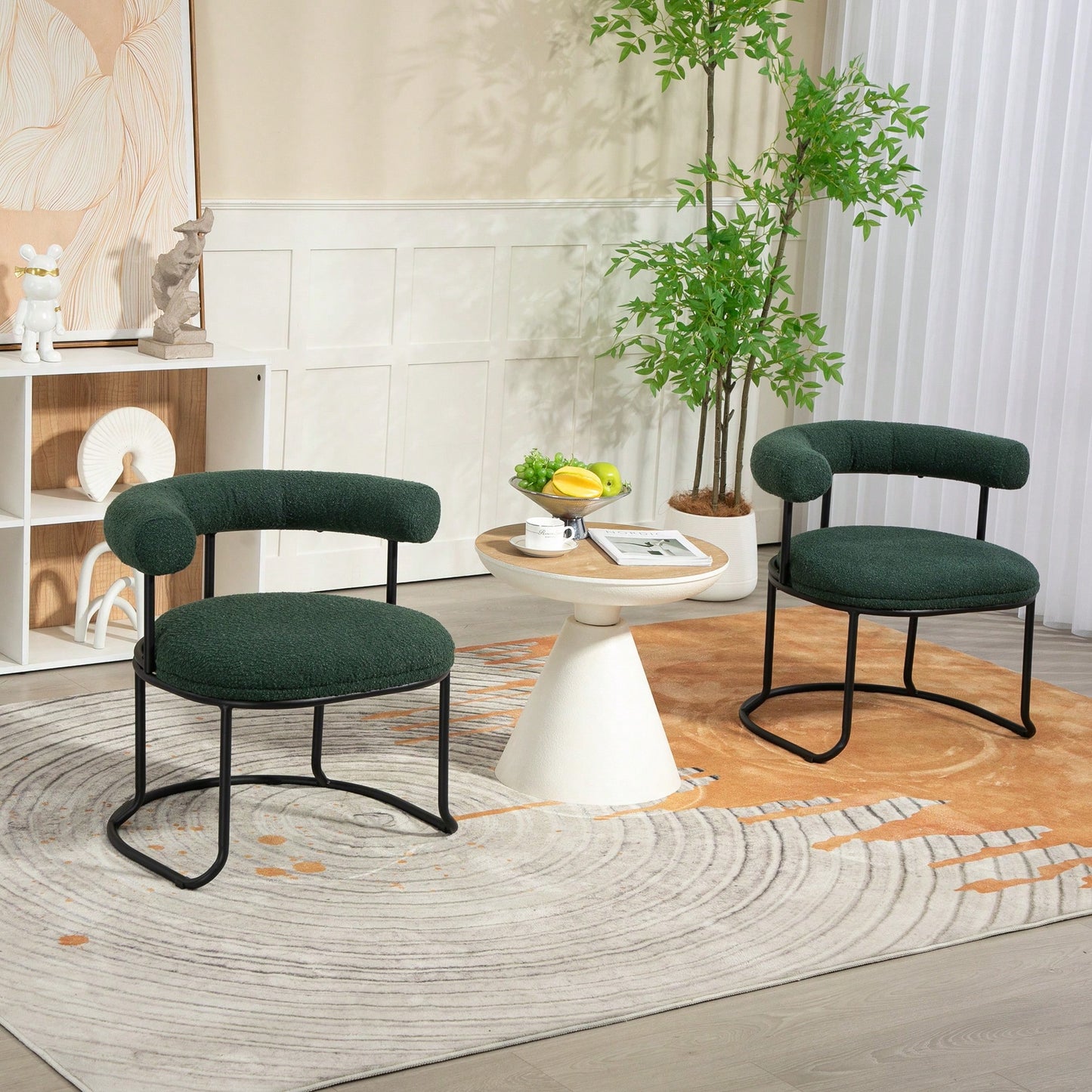 Mid-Century Modern Curved Backrest Boucle Dining Chairs Set Of 2 Upholstered Round Kitchen Chairs In Beige