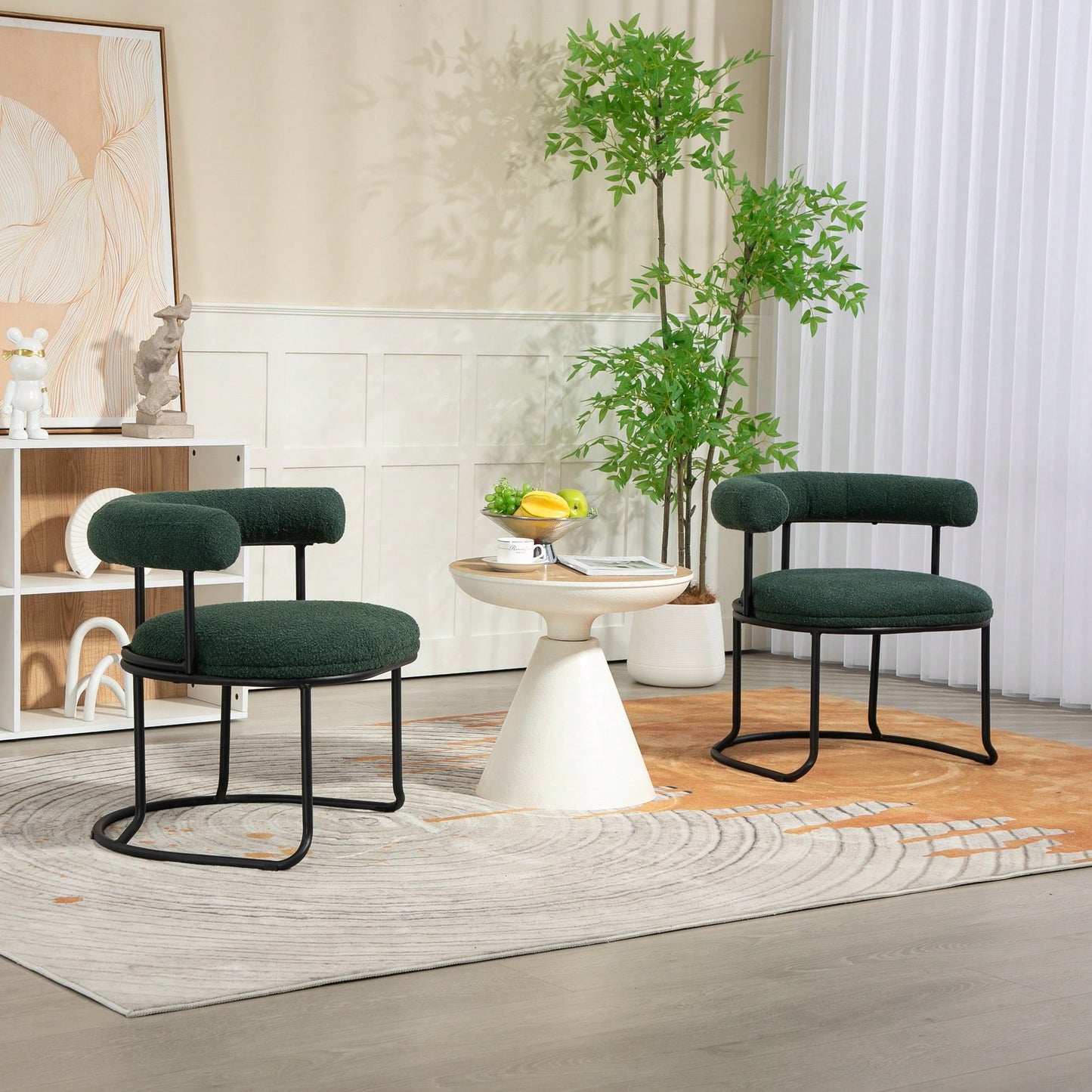 Mid-Century Modern Curved Backrest Boucle Dining Chairs Set Of 2 Upholstered Round Kitchen Chairs In Beige