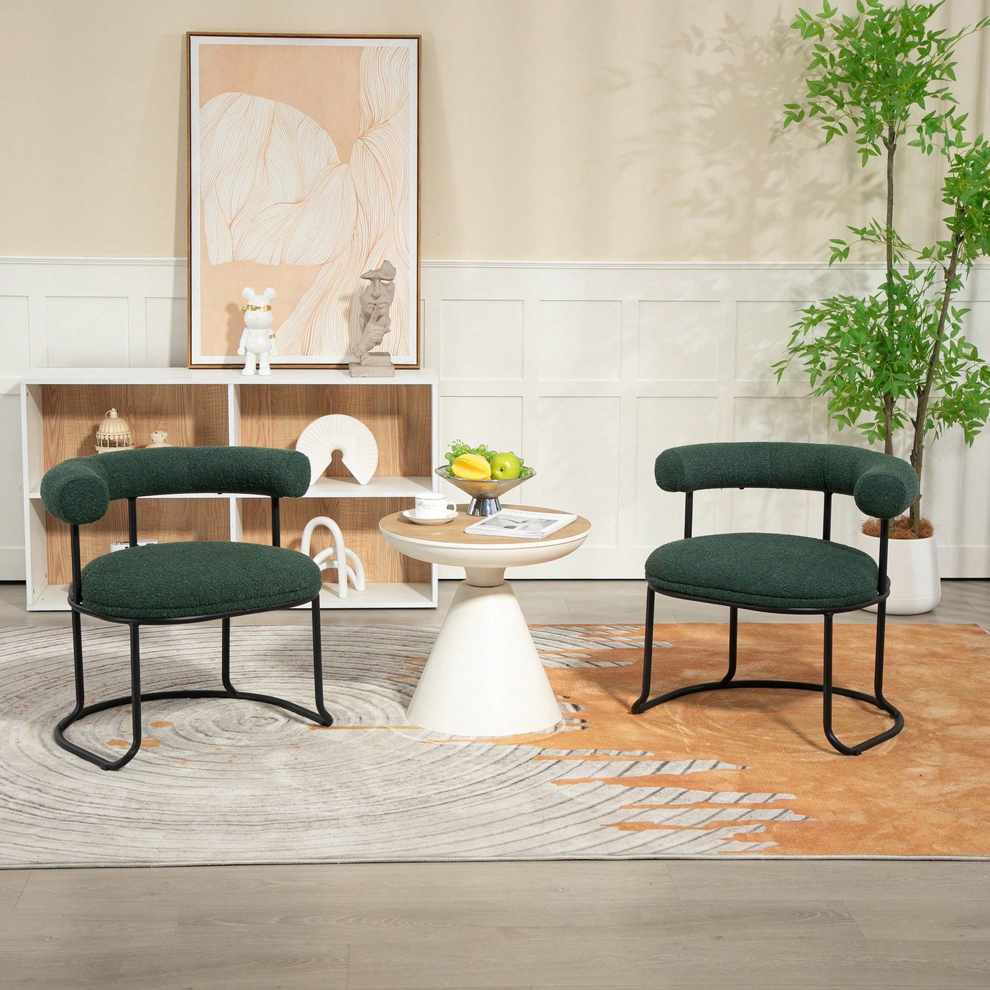 Mid-Century Modern Curved Backrest Boucle Dining Chairs Set Of 2 Upholstered Round Kitchen Chairs In Beige