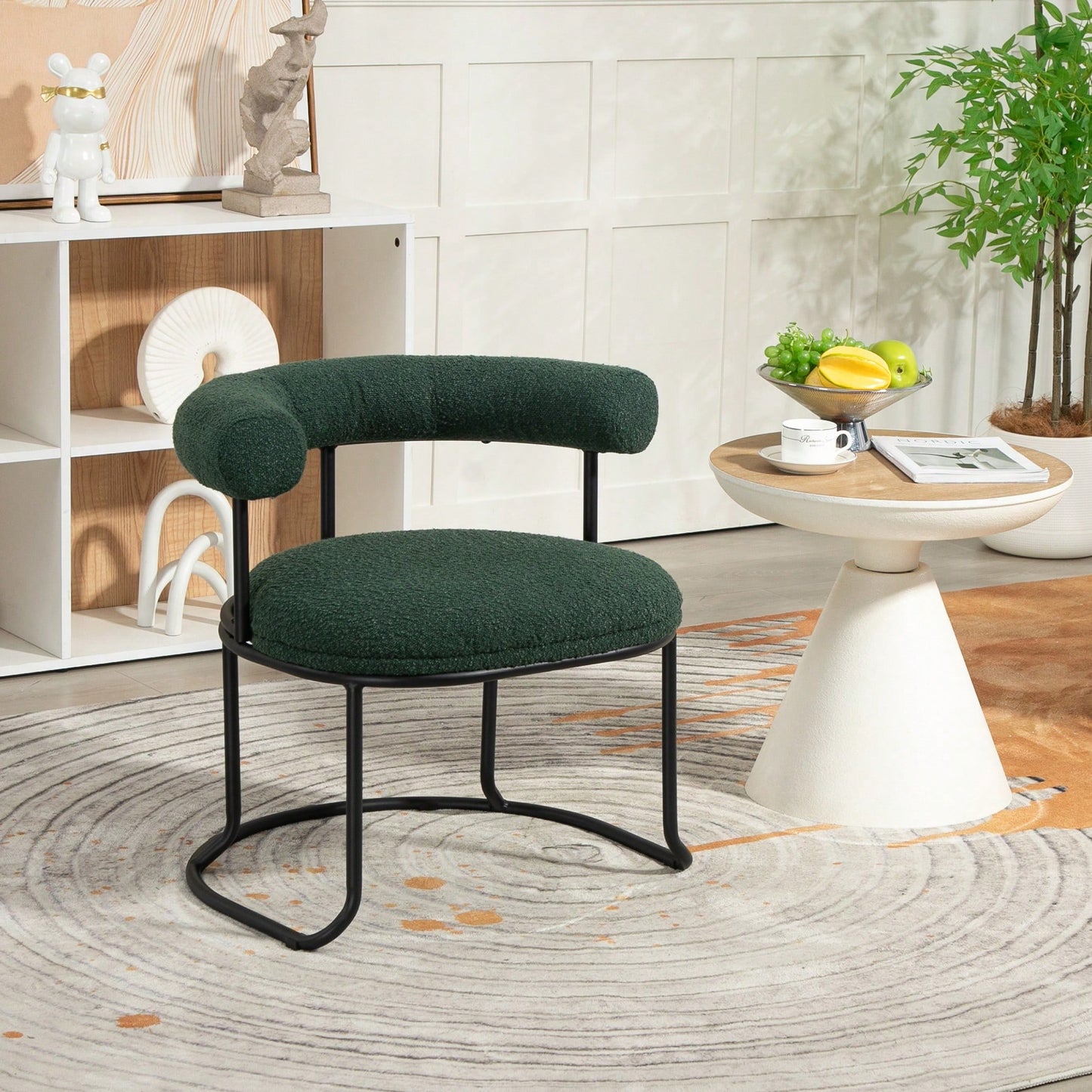 Mid-Century Modern Curved Backrest Boucle Dining Chairs Set Of 2 Upholstered Round Kitchen Chairs In Beige