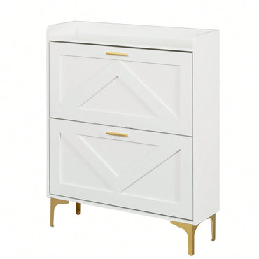 Modern White Shoe Cabinet with Flip Drawers and Open Shelves Slim Freestanding Organizer for Heels Boots and Slippers Entryway Storage