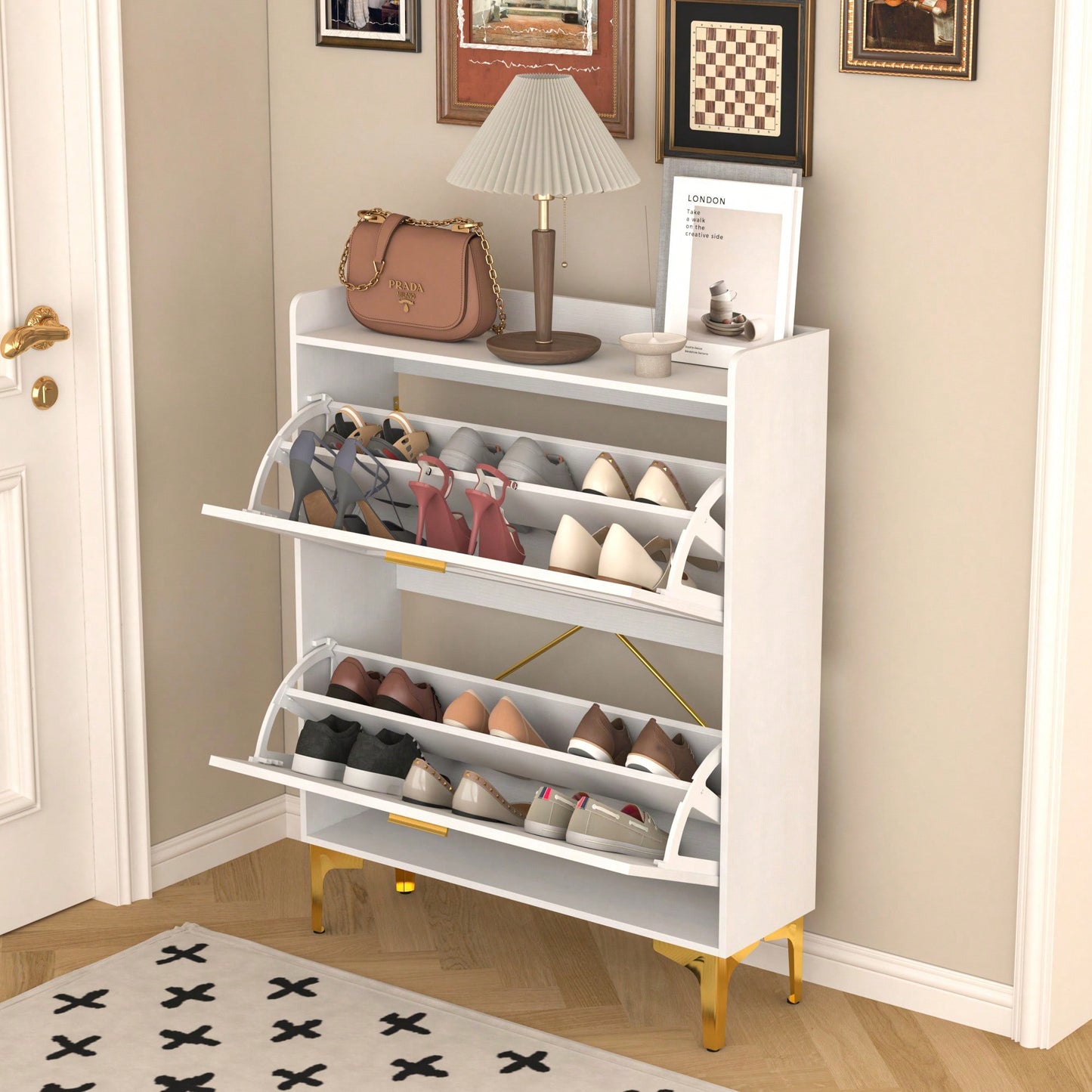 Modern White Shoe Cabinet with Flip Drawers and Open Shelves Slim Freestanding Organizer for Heels Boots and Slippers Entryway Storage