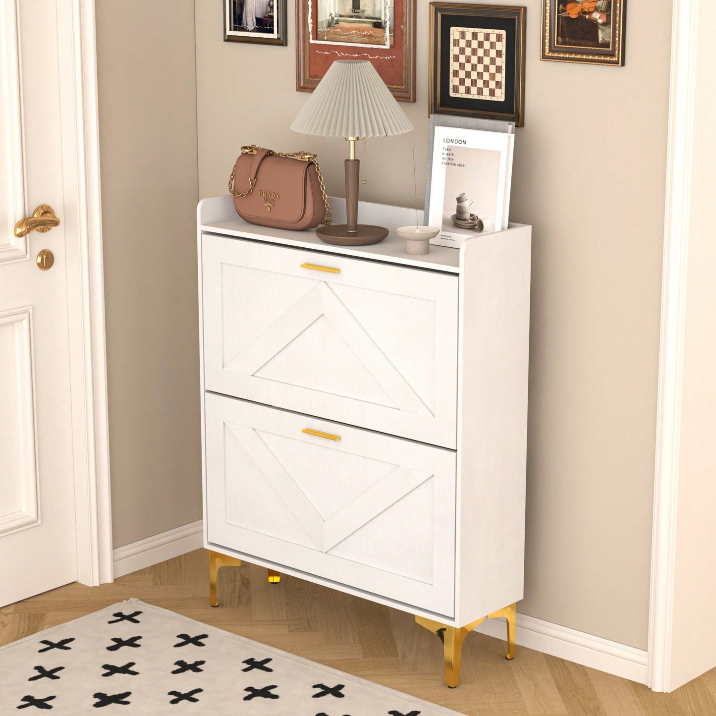 Modern White Shoe Cabinet with Flip Drawers and Open Shelves Slim Freestanding Organizer for Heels Boots and Slippers Entryway Storage