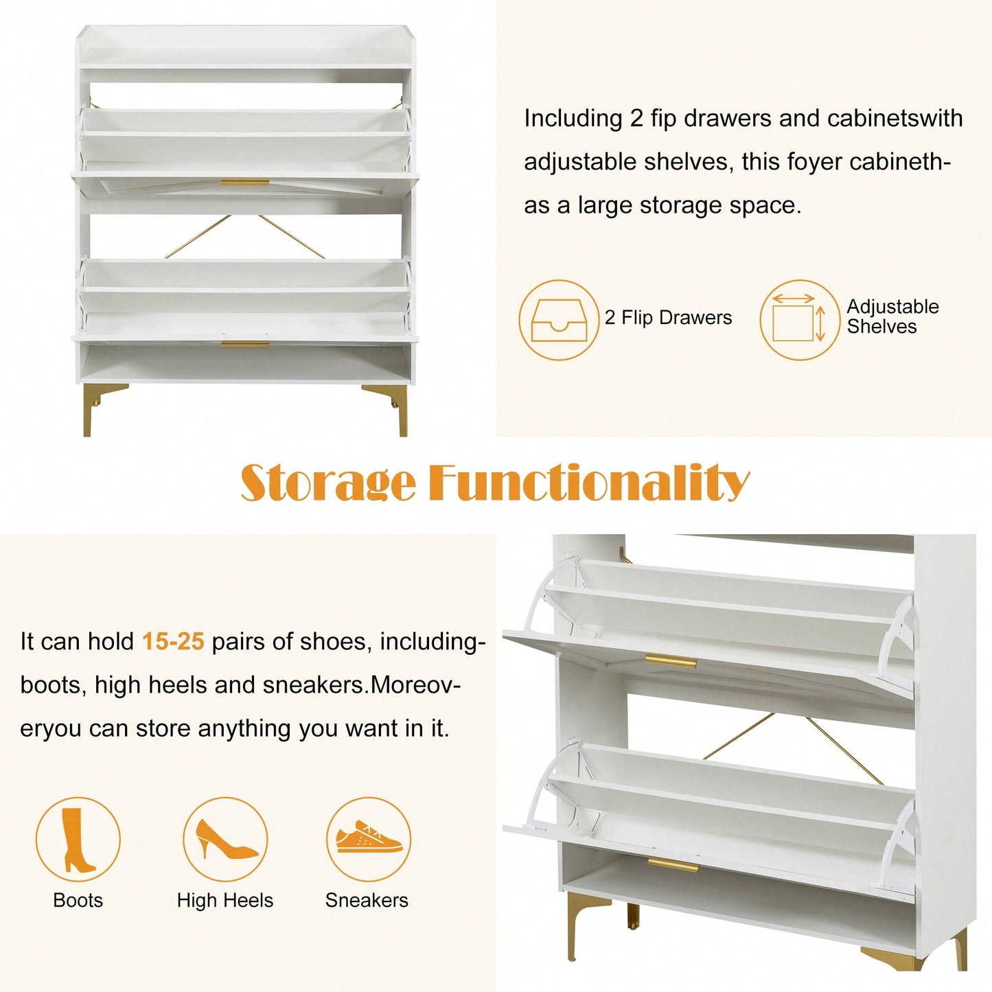 Modern White Shoe Cabinet with Flip Drawers and Open Shelves Slim Freestanding Organizer for Heels Boots and Slippers Entryway Storage