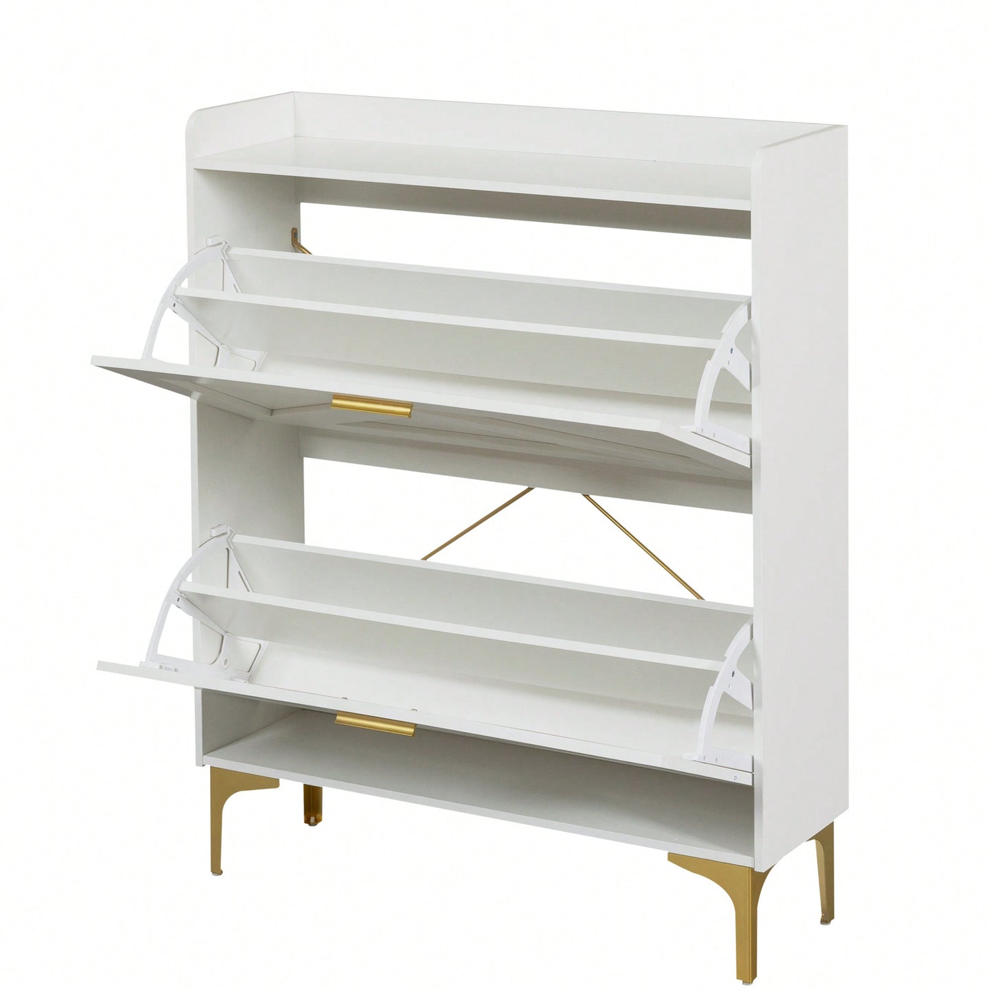 Modern White Shoe Cabinet with Flip Drawers and Open Shelves Slim Freestanding Organizer for Heels Boots and Slippers Entryway Storage