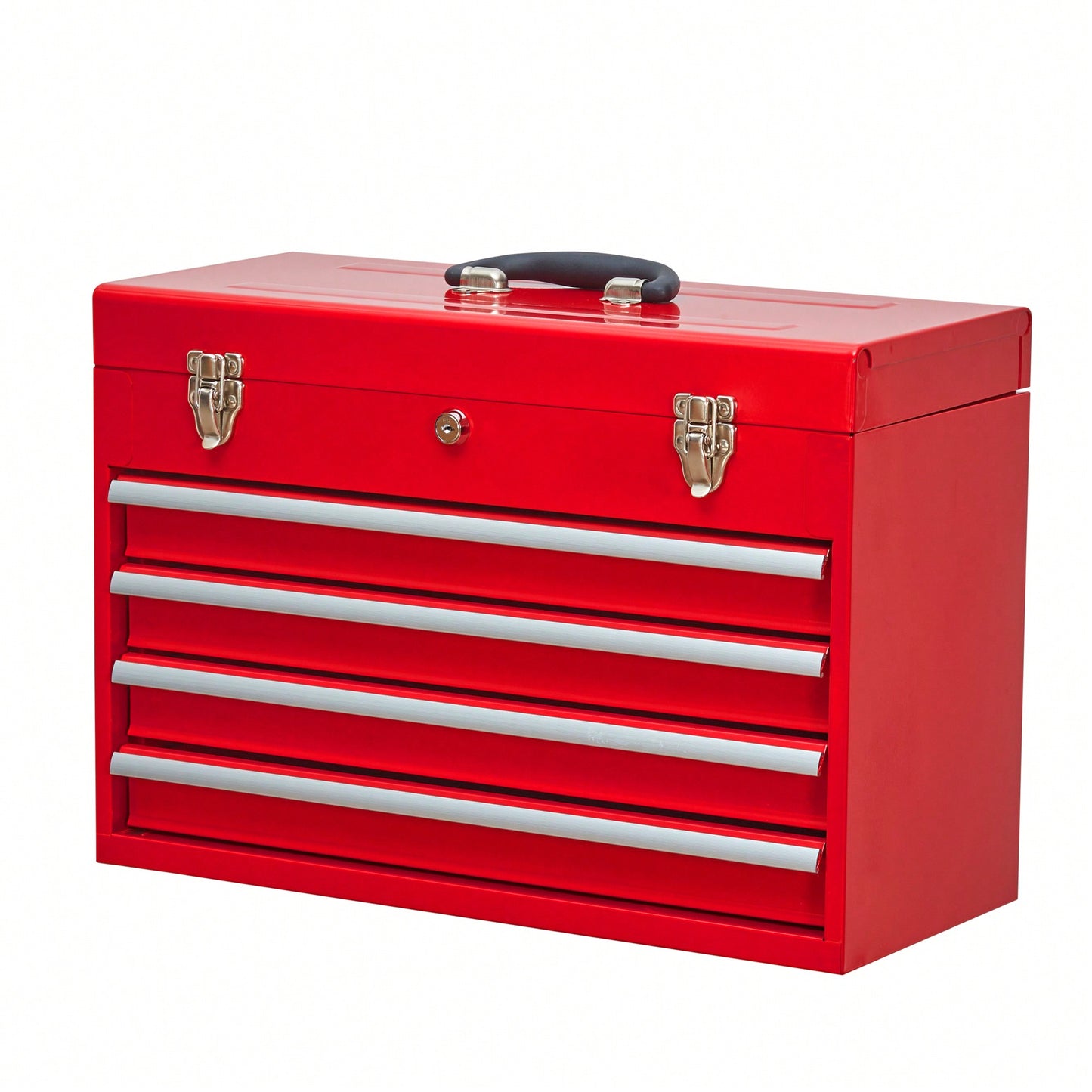 Portable Steel Tool Chest With 4 Drawers Metal Lock And Latch Closure Red Powder Coated Ideal For Garage Warehouse And Outdoor Repairs