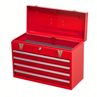 Portable Steel Tool Chest With 4 Drawers Metal Lock And Latch Closure Red Powder Coated Ideal For Garage Warehouse And Outdoor Repairs